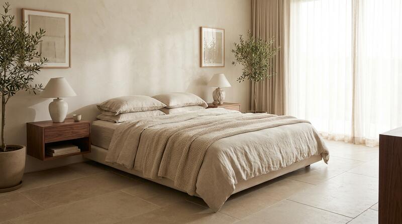Minimalist bedroom with organic textures