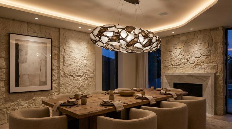 Refined dining space with sculptural lighting